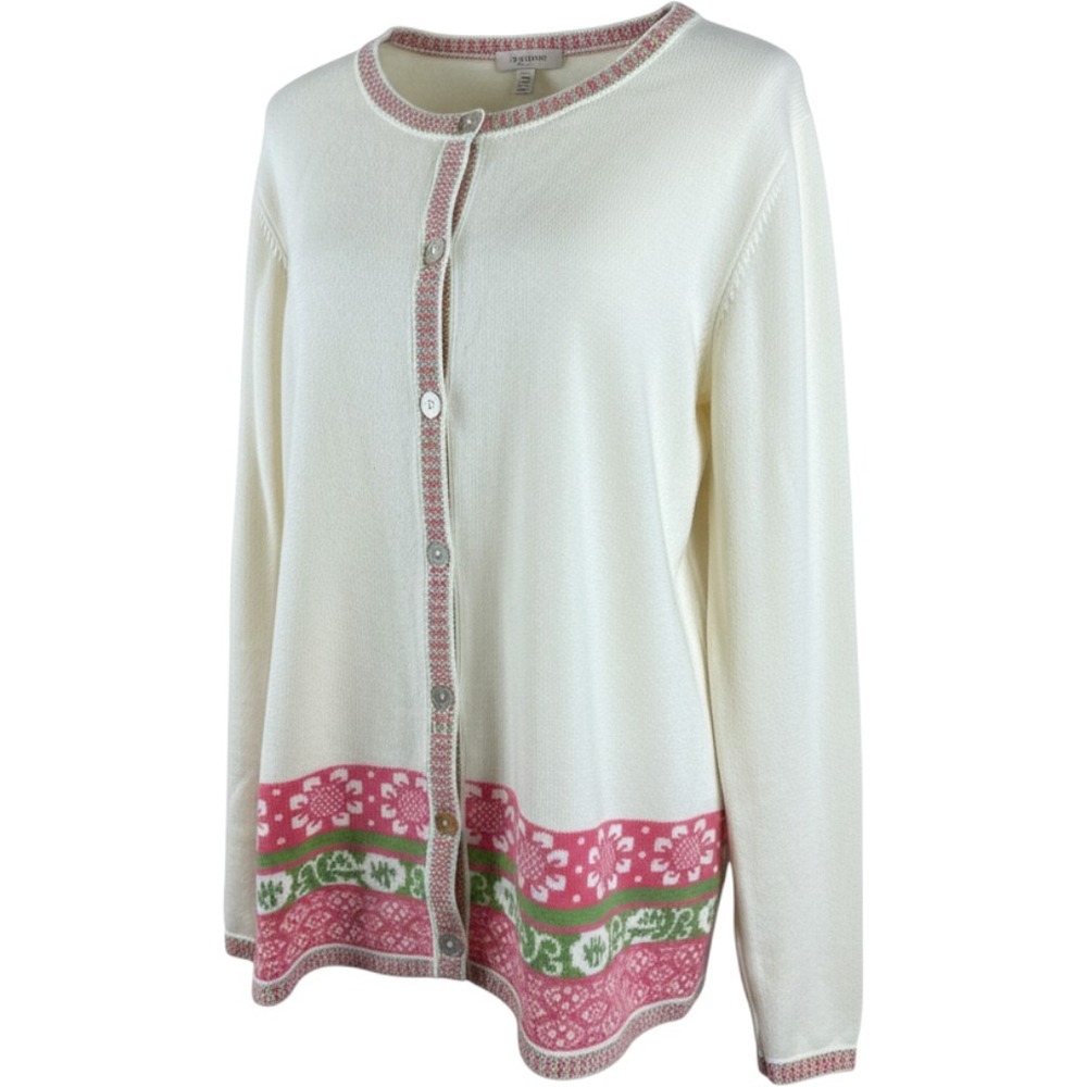 Appleseeds Womens Cream Floral Fair Isle Cotton Button Front Cardigan Size L